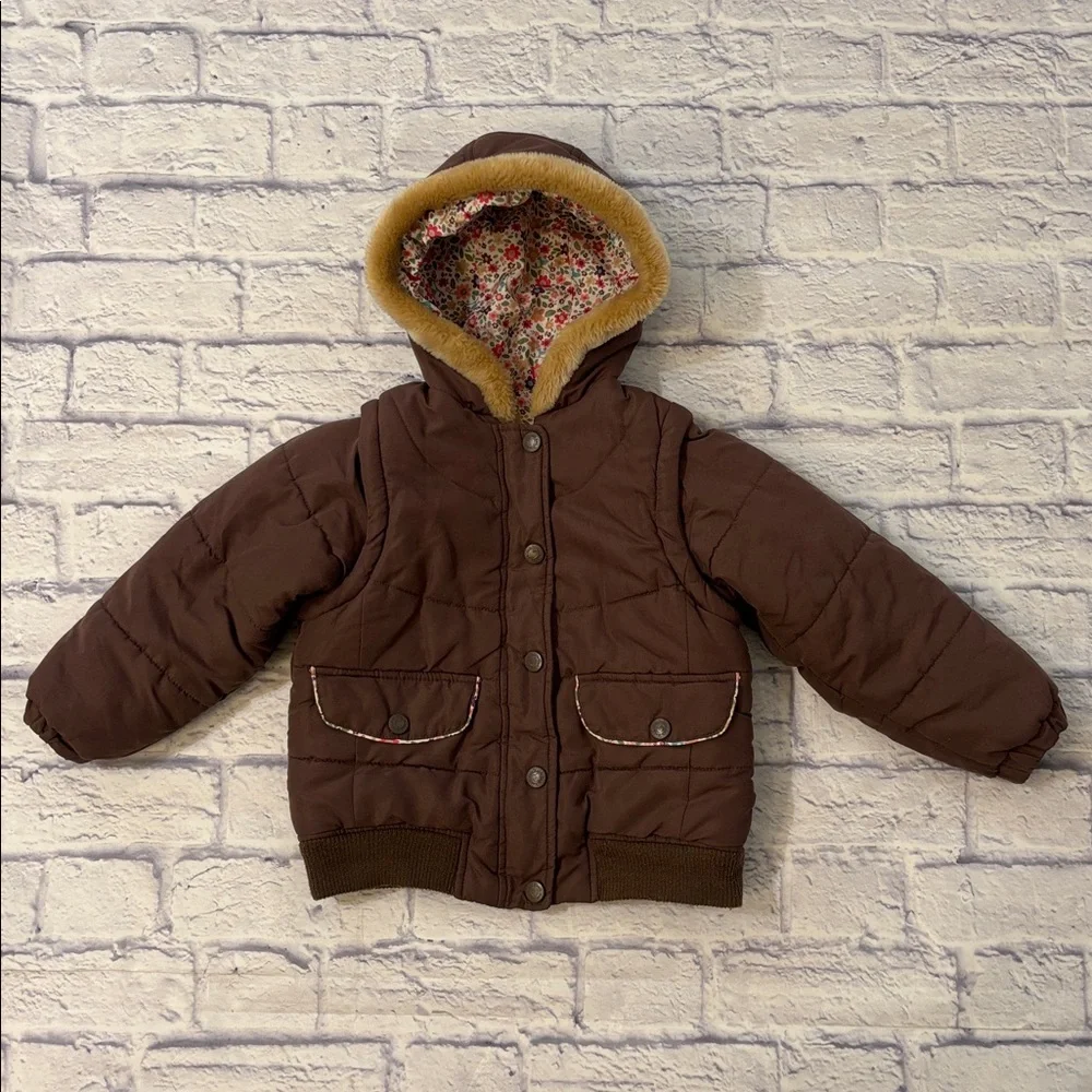 Oshkosh Reversible Convertible Puffer Jacket Vest Brown Pink Floral Girls Size 6